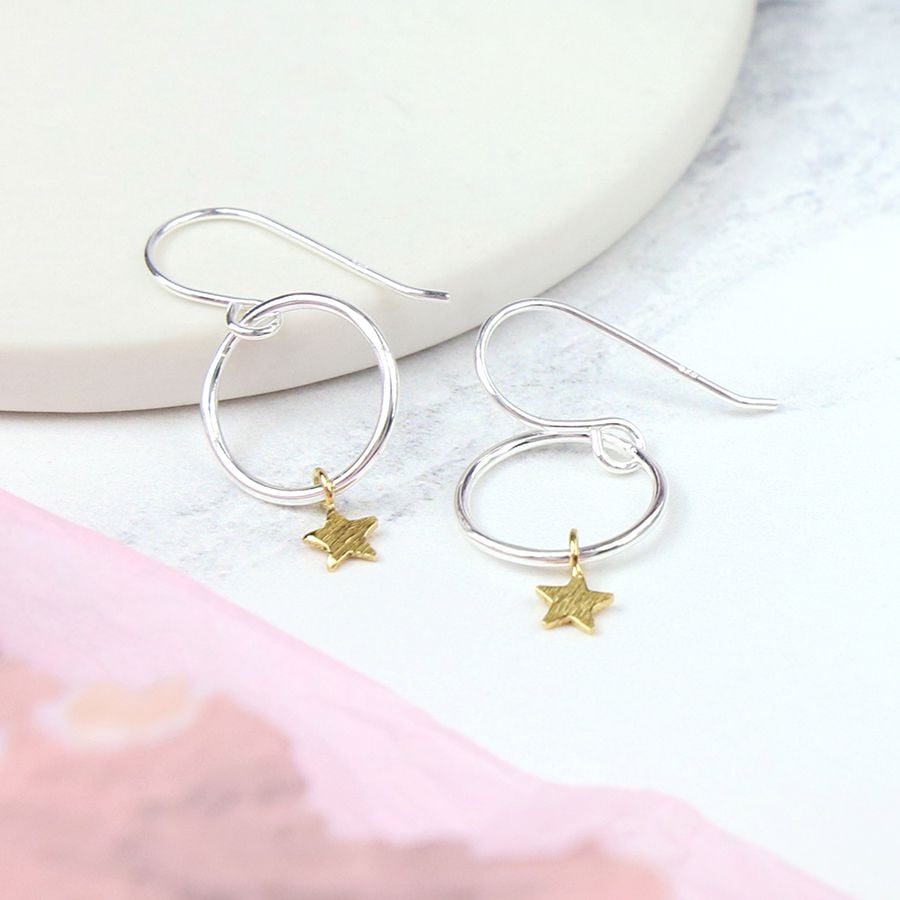 Sterling Silver Hoop And Gold Star Earrings