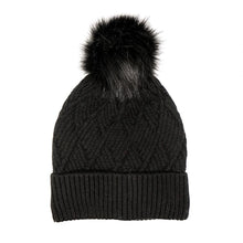 Load image into Gallery viewer, Dark Charcoal Lined Diamond Knit Hat with Faux Fur Bobble - other colours available
