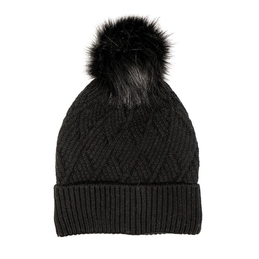 Dark Charcoal Lined Diamond Knit Hat with Faux Fur Bobble - other colours available