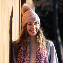 Load image into Gallery viewer, Pink Lined Diamond Knit Hat with Faux Fur Bobble - other colours available
