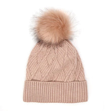 Load image into Gallery viewer, Pink Lined Diamond Knit Hat with Faux Fur Bobble - other colours available
