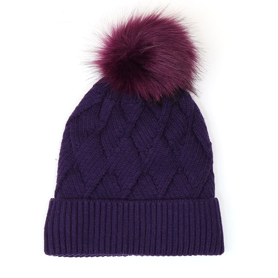 Aubergine Lined Diamond Knit Hat with Faux Fur Bobble