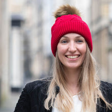 Load image into Gallery viewer, Deep Red Lined Diamond Knit Hat with Faux Fur Bobble - other colours available
