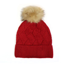 Load image into Gallery viewer, Deep Red Lined Diamond Knit Hat with Faux Fur Bobble - other colours available
