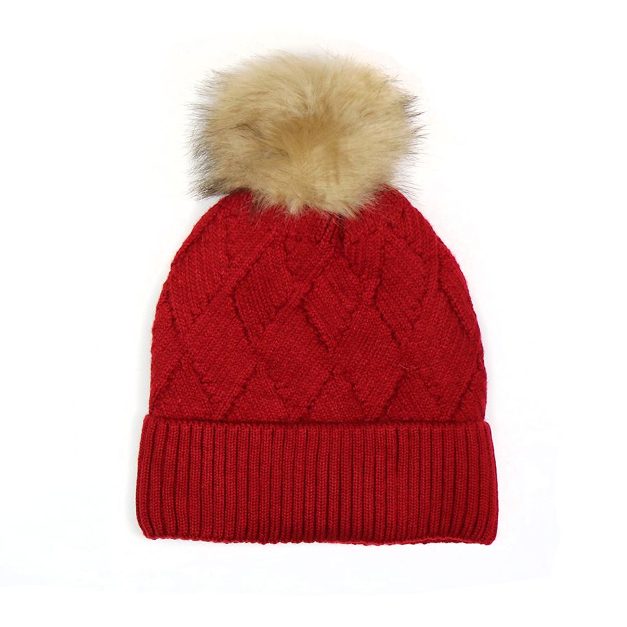 Deep Red Lined Diamond Knit Hat with Faux Fur Bobble - other colours available