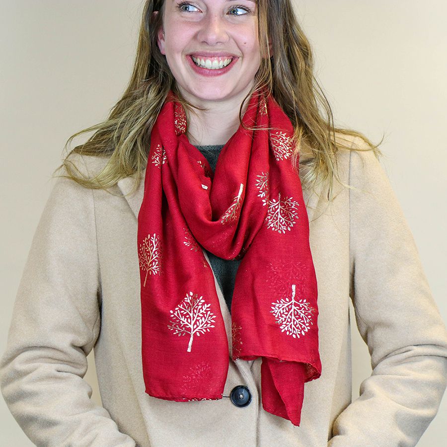 Pomegranate Scarf with Metallic Tree Print