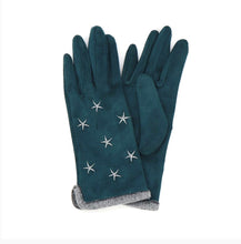 Load image into Gallery viewer, Teal Faux Suede Gloves with Embroidered Stars
