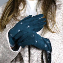 Load image into Gallery viewer, Teal Faux Suede Gloves with Embroidered Stars
