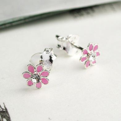 Sterling Silver Pink Flower Stud Earrings