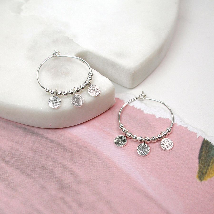 Sterling Silver Disc And Bead Hoop Earrings