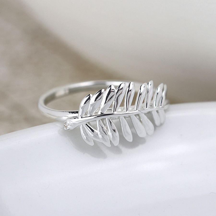 Sterling Silver Fern Leaf Ring with CZ Crystal