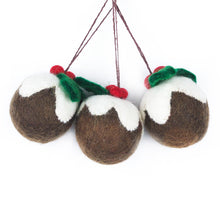 Load image into Gallery viewer, Handmade Felt Christmas Pudding Baubles (set of 3) Hanging Tree Decorations
